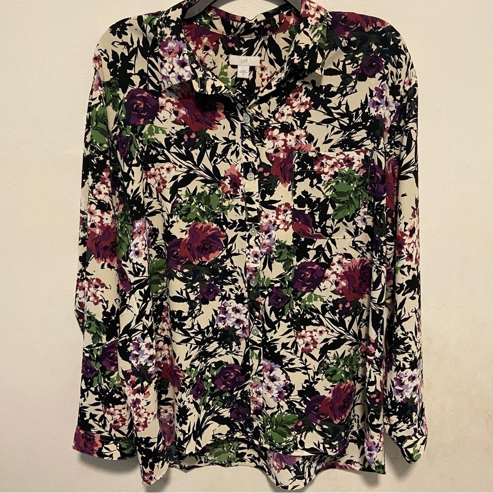 Floral Button-Up Blouse - Cream with Purple & Green